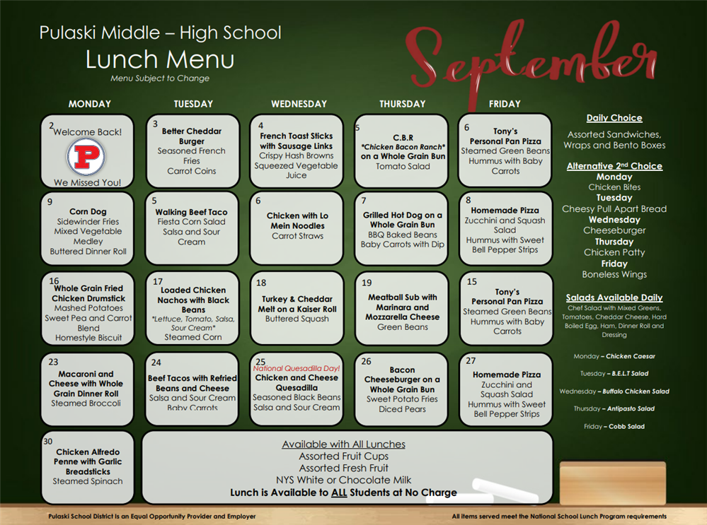 September Lunch Calendar-High School 